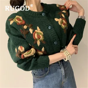 Корейский винтажный свитер RUGOD, кардиганы, женское вязаное пальто с ручной вышивкой и цветочным узором, шикарная утепленная туника, модная теплая Женская
