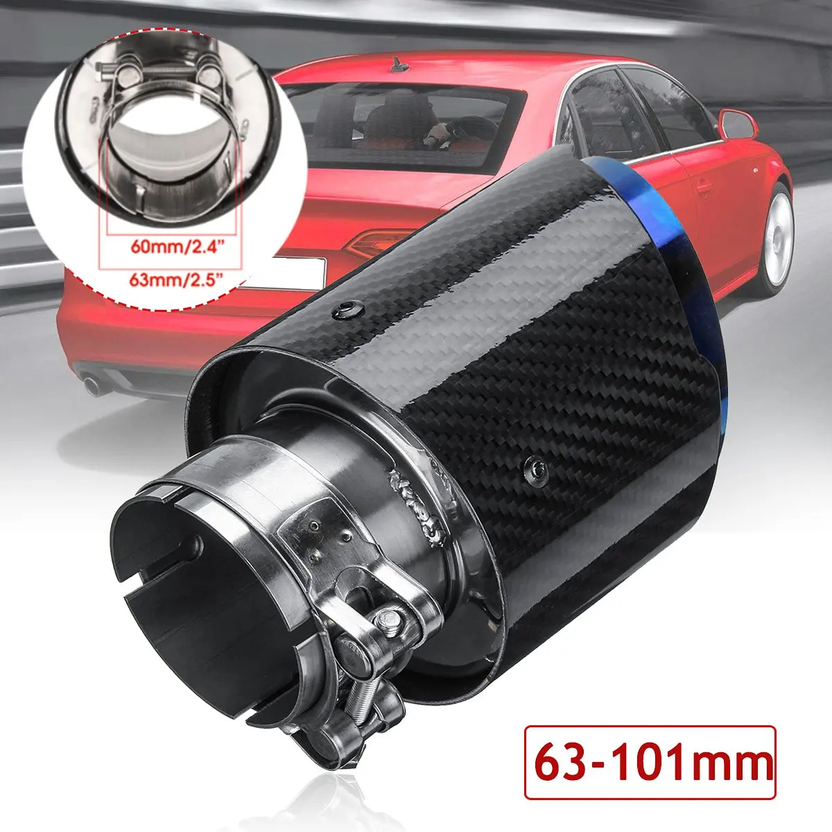 

Универсальный автомобильный глушитель из углеродного волокна, 2,5 дюйма, 63 мм-101 мм, глушитель выхлопной трубы, наконечник выхлопной трубы, глянцевый черный
