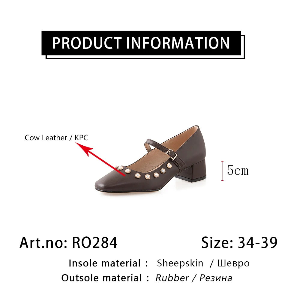 

RJN New Elegant Pumps Pearl Decoration Classic Little Square Toe Belt Buckle Women Shoes Comfortable Mid-heel Pumps Beige RO284