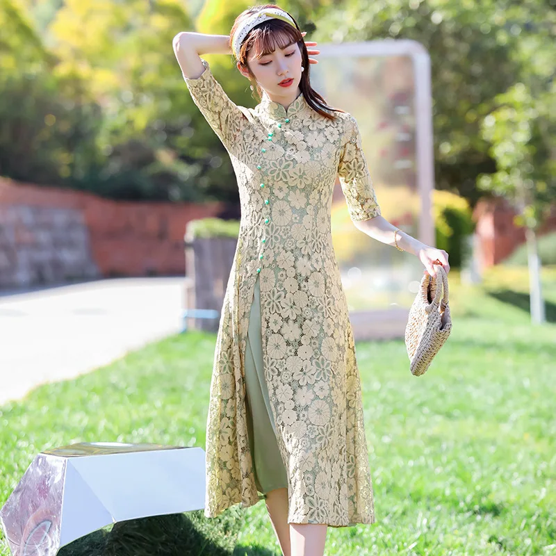 

2020 традиционное вьетнамское китайское платье Aodai Qipao для Женщин Кружевной вышитый Чонсам туника стиль костюм Цветочный Aodai Qipao