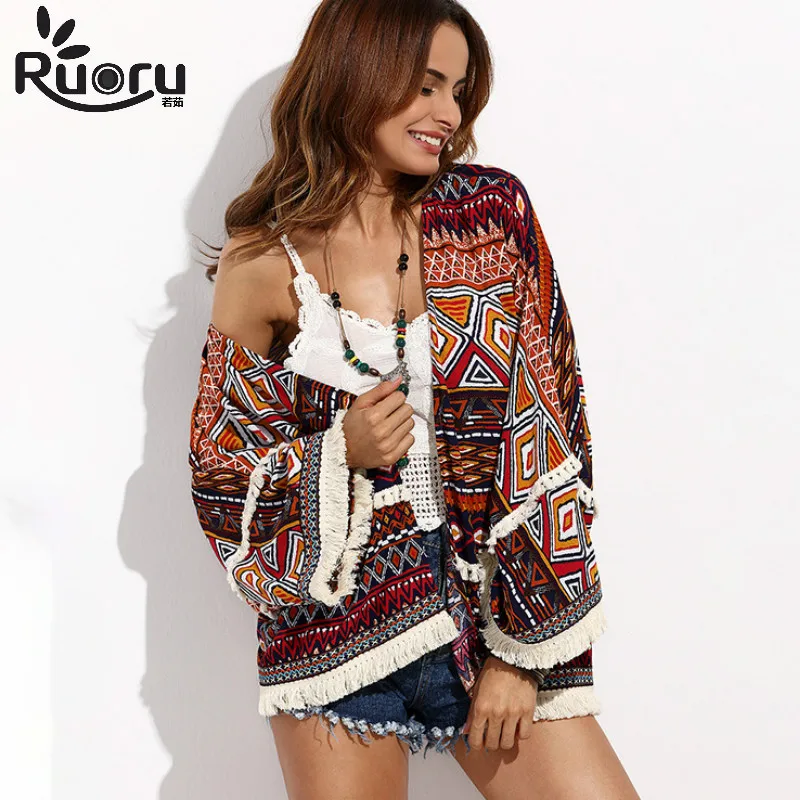 Ruoru Bohemian Beach Wear Kimono Cardigan Tunic Women Tops and Blouses Shirt top boho fringe beach cape Beach Sunscreen Clothing