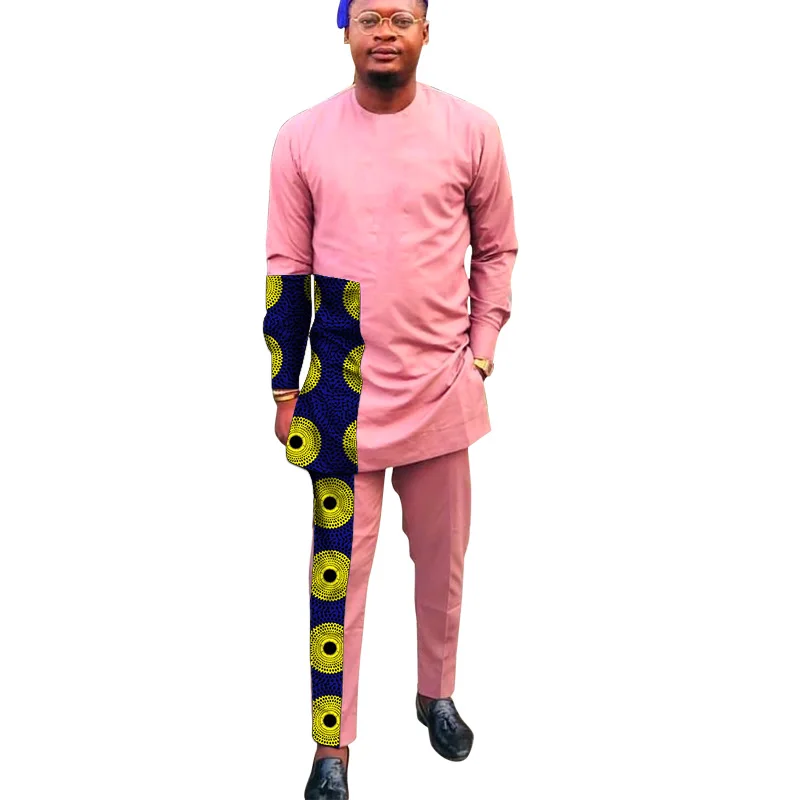 Baby Pink Cotton Men's Patchwork Shirts+Solid Trousers Nigerian Style Pant Sets Custom African Fashion Outfit For Wedding
