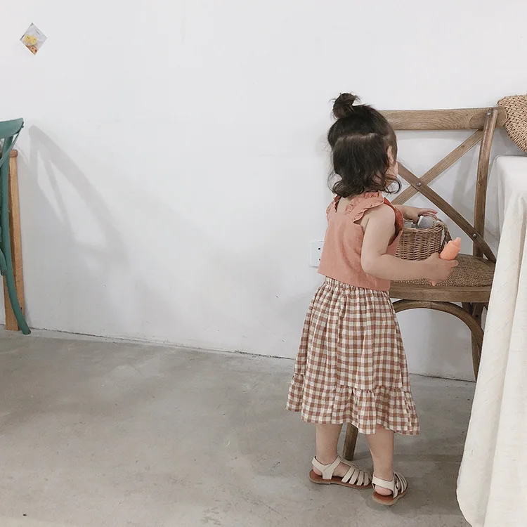 

Girls' Suit Summer 2020 Cotton Suspender Top + Plaid Skirt Suit Two-piece Sets