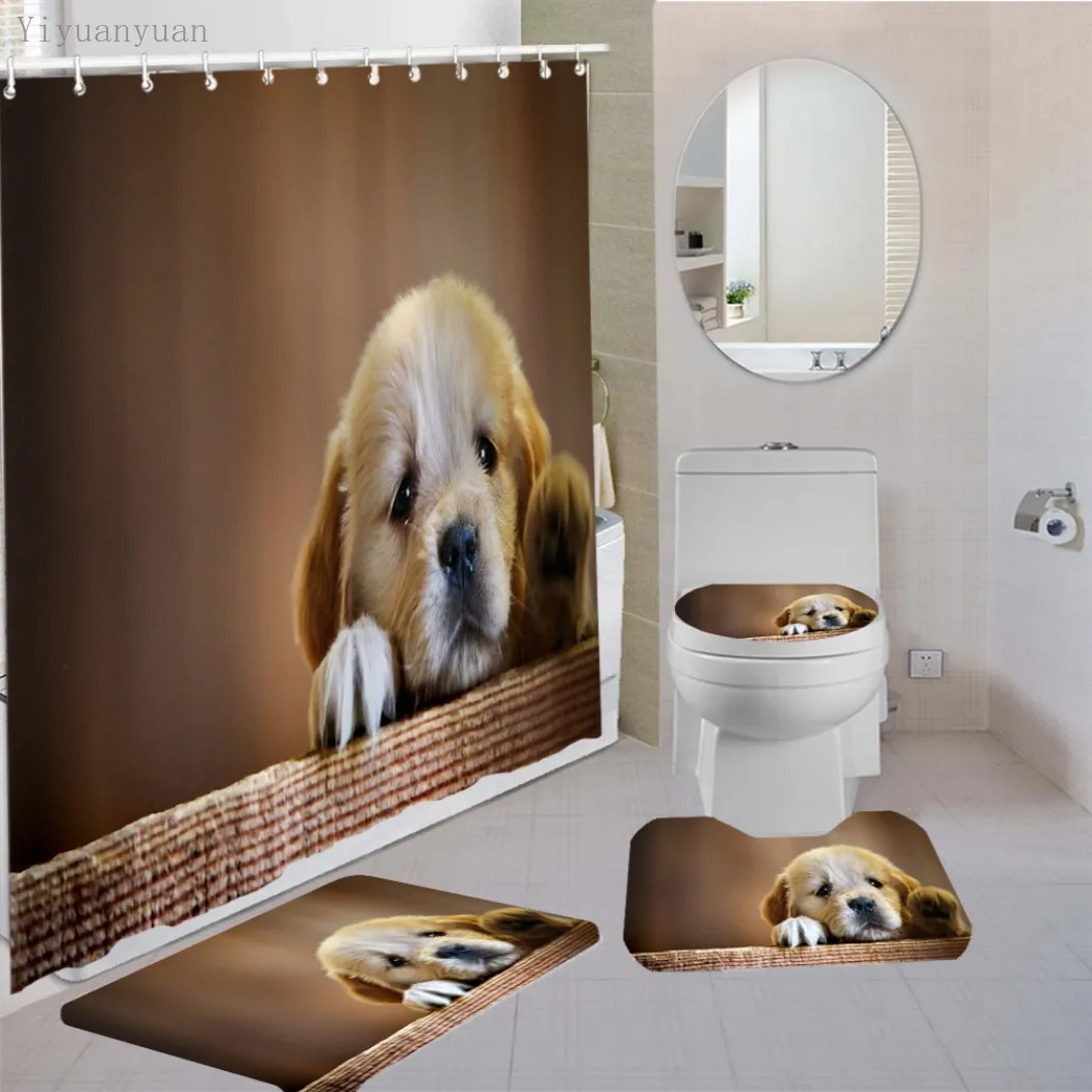 Offerte Set Di Tende Per Doccia Stampate Per Cuccioli Di Animali Domestici Tappeto Antiscivolo Per Vasca Coperchio Del Coperchio Del Water Tappeto A Forma Di U Cucina Bagno Decorazione Della Parete