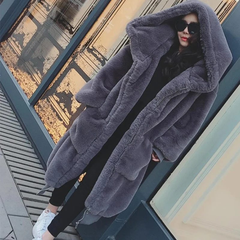 Faux Fur Coat Women 2019 Casual Hoodies Furry Thick Warm Long Faux Rabbit Fur Jacket Loose Winter Coat Women casaco feminin