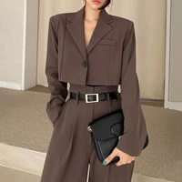 korea chic women sets fashion office two piece suit lapel loose one button cropped blazershigh waist long wide leg trousers