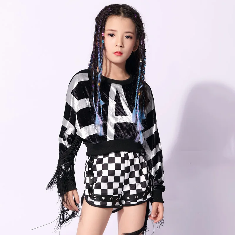 Popular Girls Stage Costume Jazz Tassel Dancing Outfits Children Hip Hop Set Mosaic Kid Street Dance Performance Clothing |