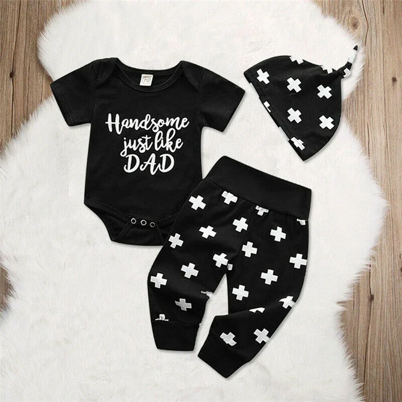 

Summer 3Pcs Infant Baby Boy Clothes Letter Print Romper+Long Cross Pant+Hat Outfit Casual Set