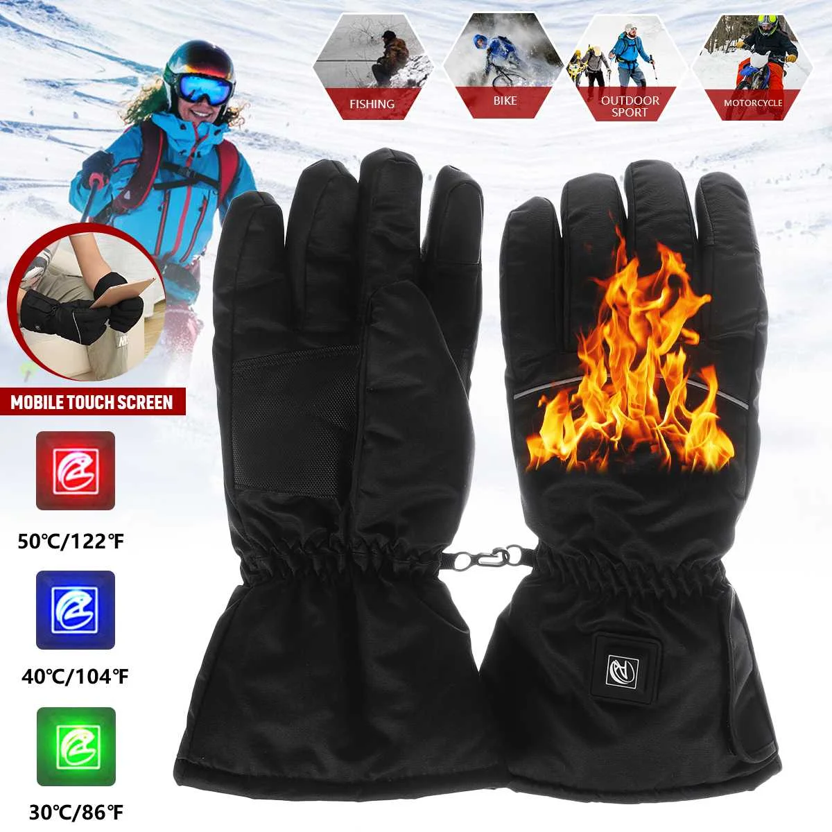 

Gloves Winter Outdoor Thickening Fleece Lined Men Women's Waterproof Touch Screen Non-slip Camping Thermal 3rd gear heating