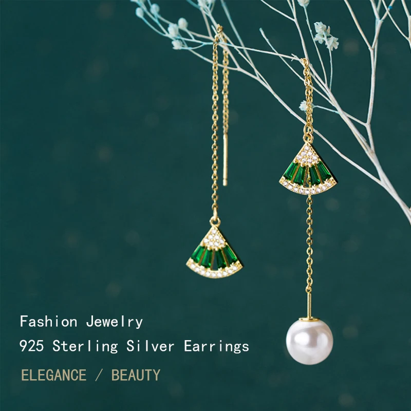 Женские серьги подвески в виде веера из серебра 925 пробы с жемчужным и зеленым