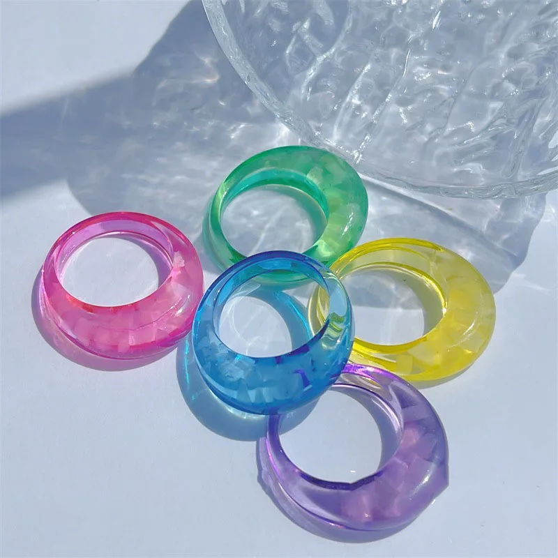 

Fashion Charm Transparent Colorful Resin Acrylic Embedded Shell Geometric Oval Rings For Women Girl Summer Beach Jewelry