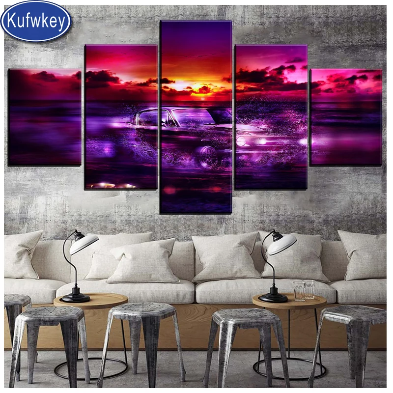 

diamond embroidery 5 piece 5 d diy diamond painting Beautiful purple sunset car full square round diamond mosaic wall art,