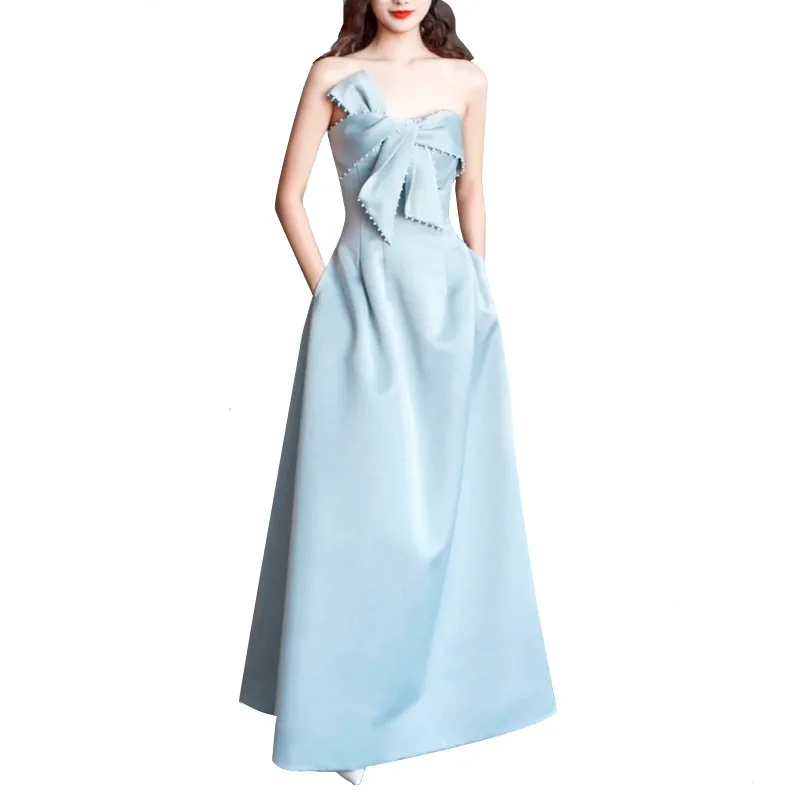 

2021 Summer New Light Blue Satin Pearl off-Shoulder Evening Dress Party Host Dinner Dress for Women