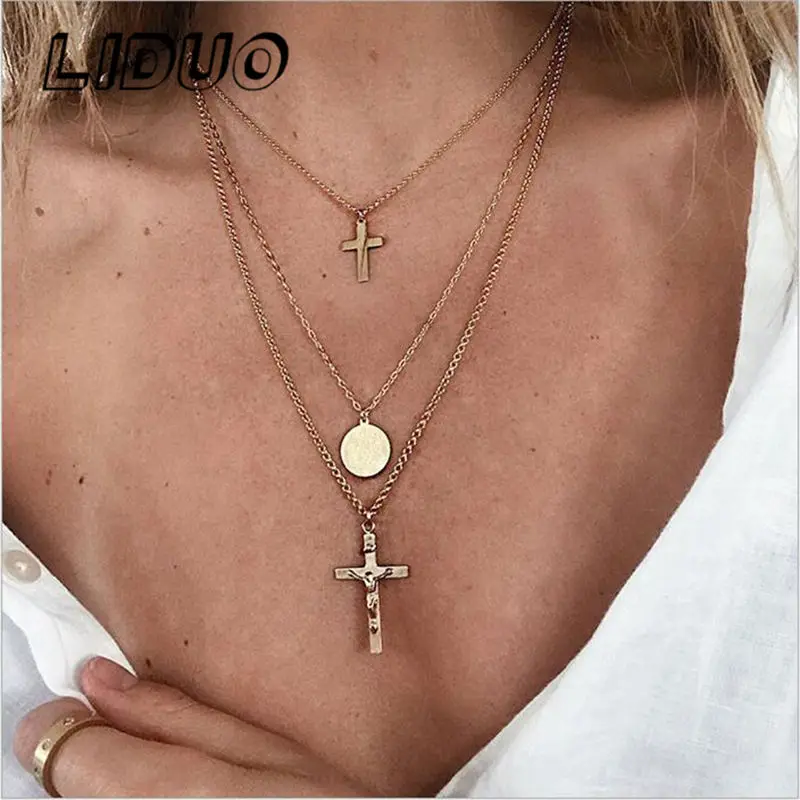 LIDUO многослойное розовое крест колье с подвеской Цепочки и ожерелья комплект