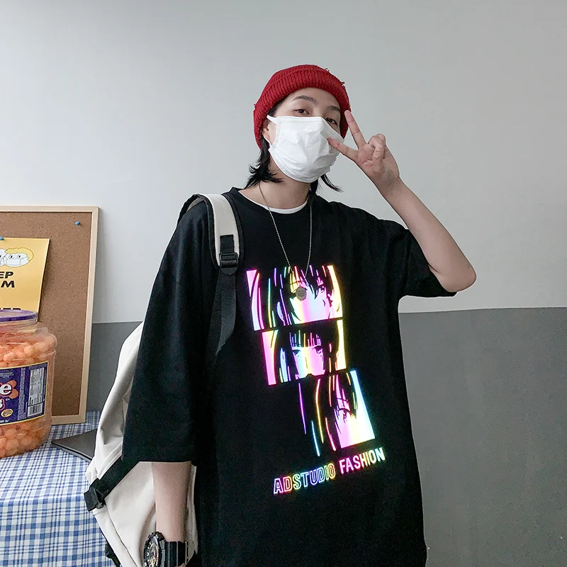 

Summer Man T-shirts Cartoon Characters Laser Reflective Printing Brand Short Sleeve T-shirt Women Couples Harajuku Hip Hop