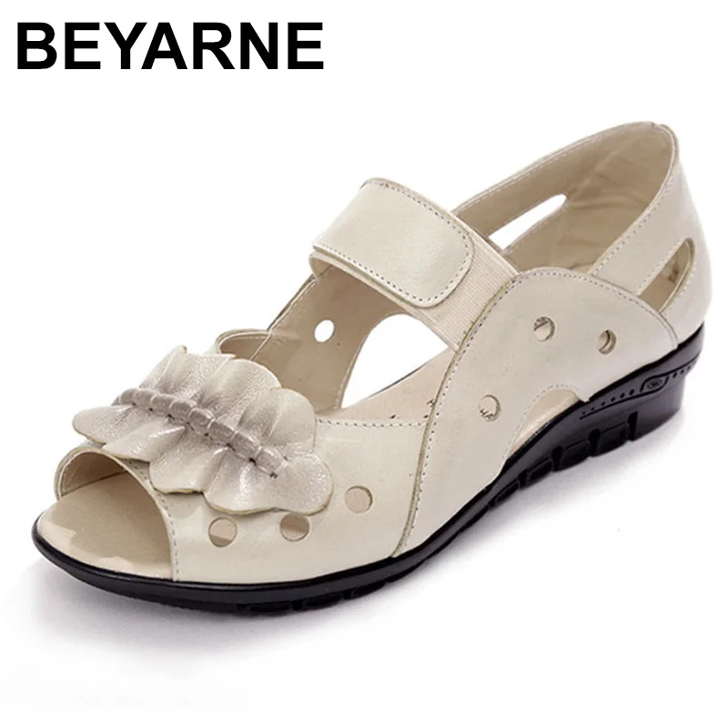 

BEYARNE Summer Women Shoes Genuine Leather Soft Outsole Flat Shoes Cutout Woman Flat Sandals Open Toe Casual Comfortable Women