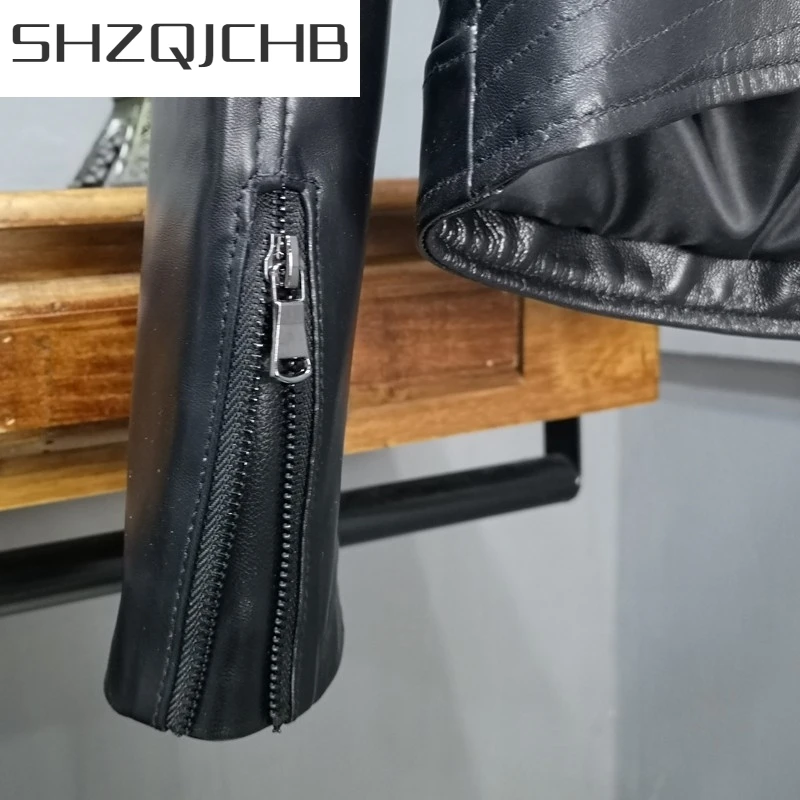

JCHB 2021 Fashion Long Sleeve Zipper Stand Collar Womens Short Jackets Spring Autumn Sheepskin Genuine Leather Slim Fit Coats Pl