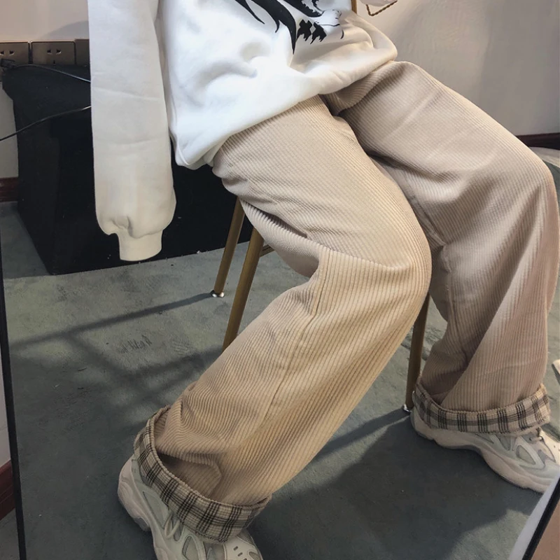 Винтажные женские вельветовые брюки JMPRS обжимные клетчатые широкие с эластичным