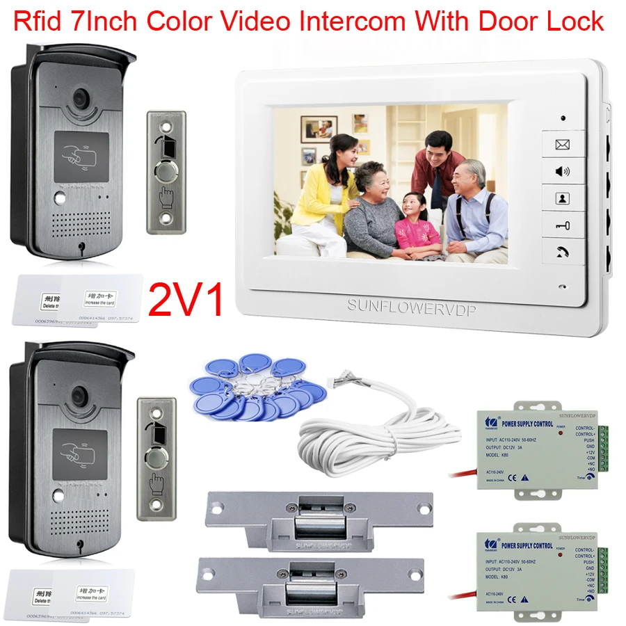 SFID-V7OF-L-2V1 Квартиры Rfid видеодомофон домашний видео телефон двери водонепроницаемый CCD камера цветной монитор " видео дверной звонок Полный комплект с замком - Цвет: SFID-V7OF-L-2V1