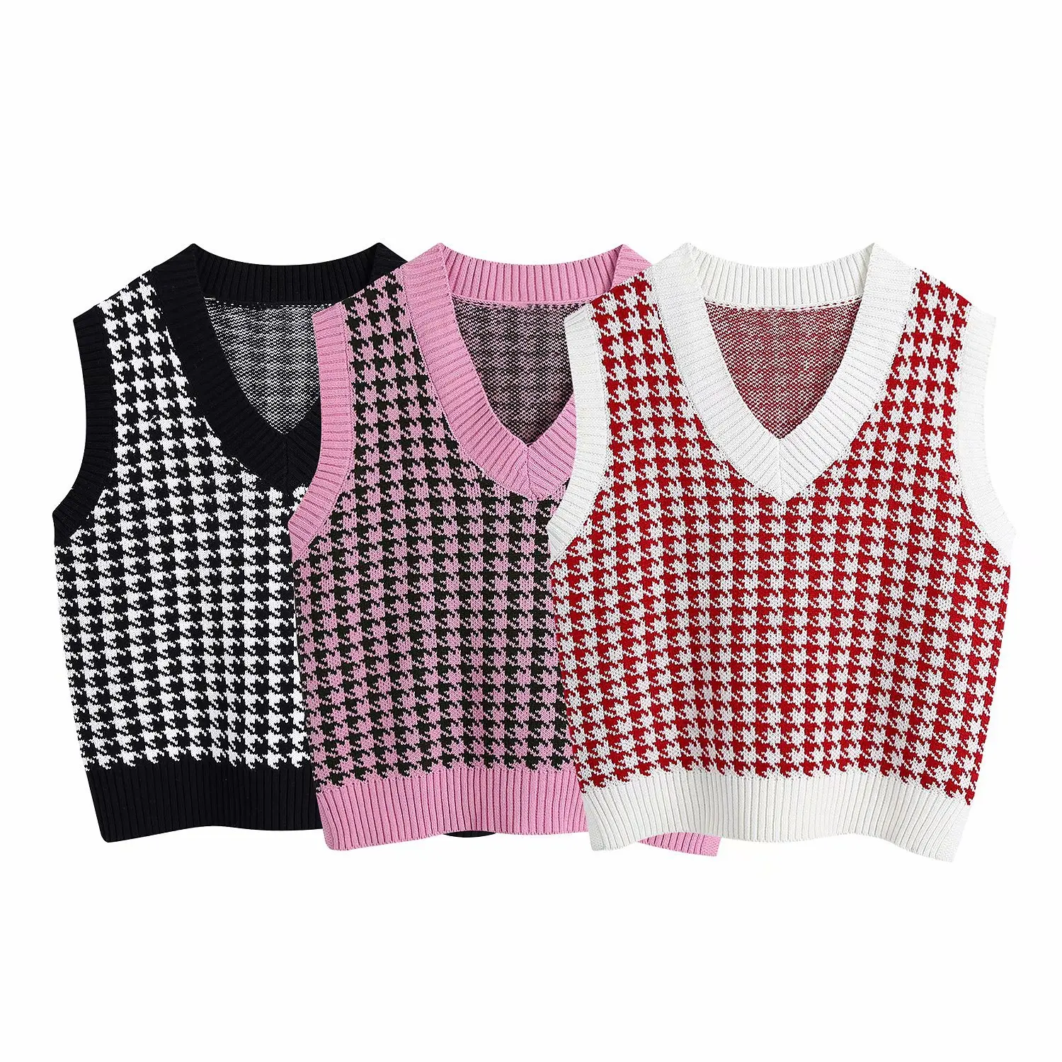 

Black Houndstooth V Neck Vest Cardigan Women Loose Sleeveless Knitted Sweater Fashion Casual Jumper Autumn Winter 2020