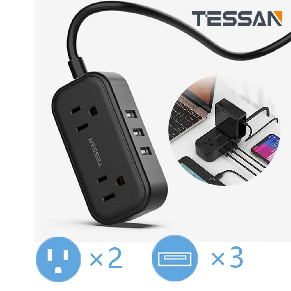 

TESSAN Small US Plug Power Strip with 2 Widely Spaced Outlets 3 USB Ports 5V 2.4A 1.5m/5ft Extension Cord for Home Office Travel