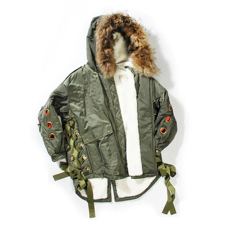 

VGH Hollow Out Cross Lace Up Cotton Coat For Women Hooded Collar Long Sleeve Casual Parkas Female Fashion Clothing 2020 Winter