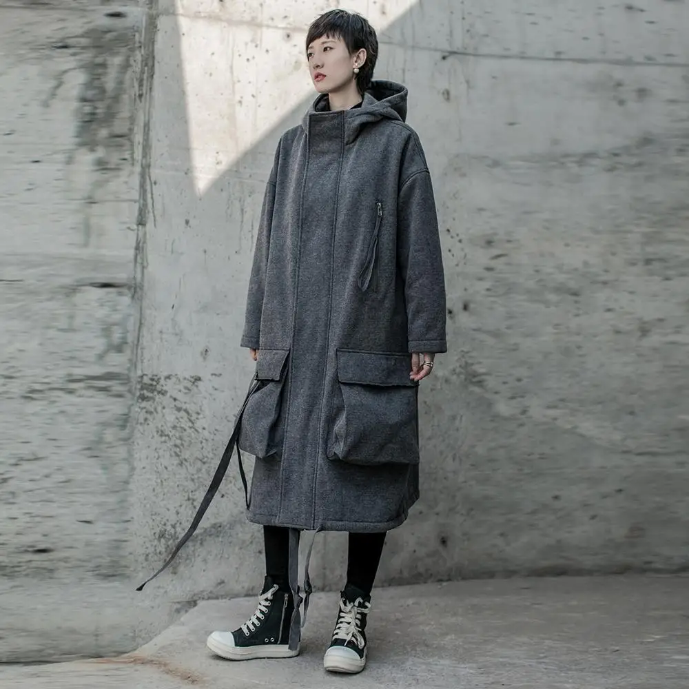 New 2019 Women Winter Korean Fashion Gray Hooded Trench Coat With Big Pocket Lady Unique Plus Long Jacket Windbreaker L1207C-49 |