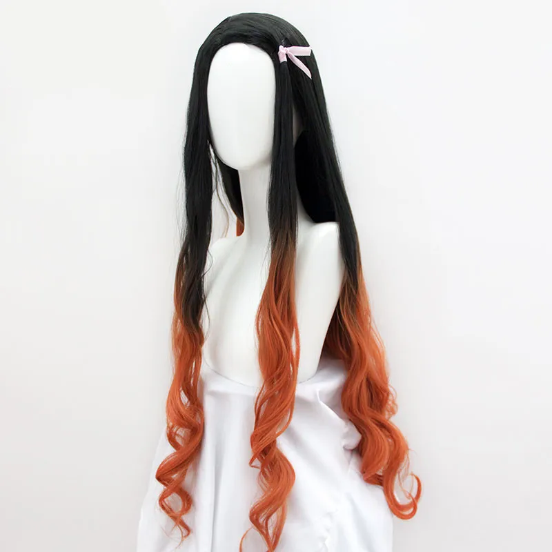 100cm/39inch women Kamado Nezuko cosplay wig Demon Slayer: Kimetsu no Yaiba sister black with orange long wavy hair |