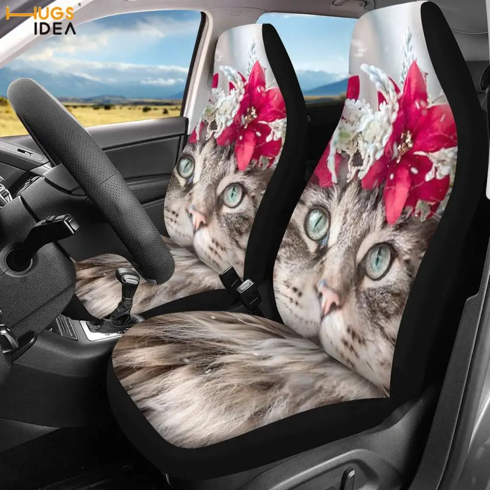 安い Hugsideaかわいい花猫3D Pattrn車のフロントシートカバー自動車インテリア装飾簡単クリーニングユニバーサルシートマット2pc