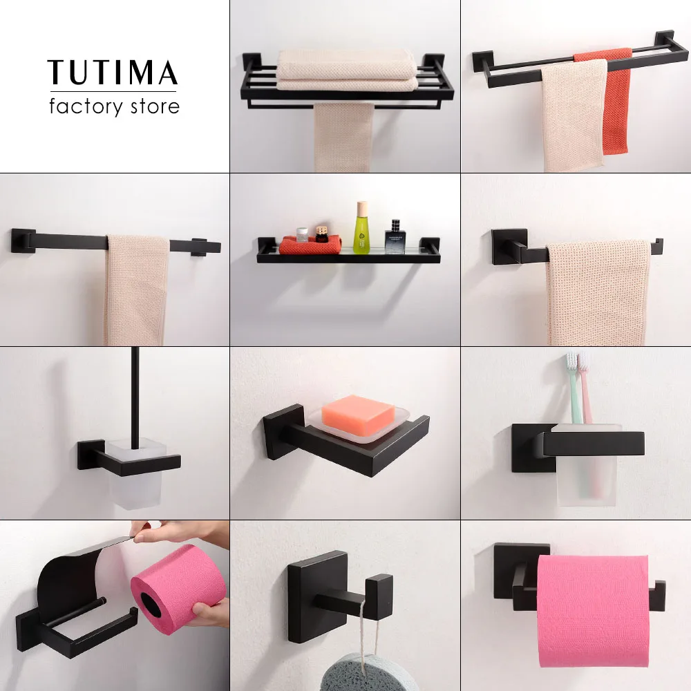 

Tutima 304 Stainless Steel Matte Black Bathroom Hardware Set High Quality Towel Rack Ring shelf Paper Holder Bathroom Hooks