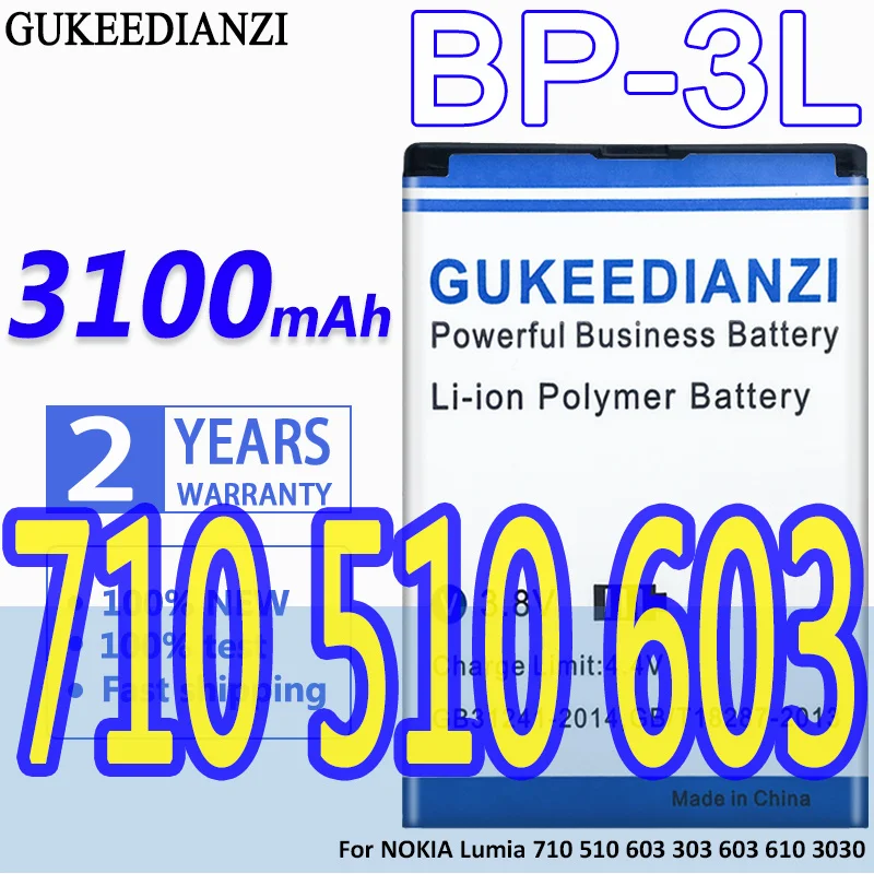 Аккумулятор GUKEEDIANZI большой емкости 3100 мАч для NOKIA Lumia 710 510 603 303 610 BP 3L|Аккумуляторы