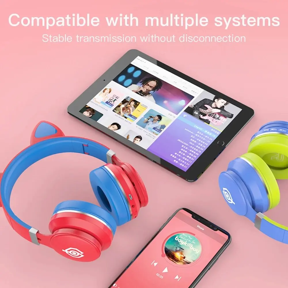 

LED Over-Ear Headphones Noise Cancelling Headset bluetooth 5.0 Wireless Kids Support TF Card 3.5mm Plug With Mic