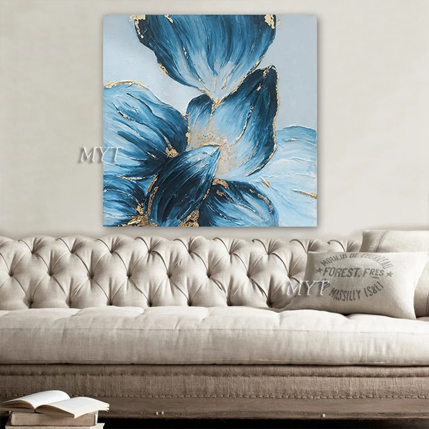100% ручная роспись Золотая фольга текстурированный цветок картина маслом холст