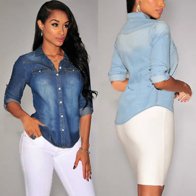 Ladies Top Spring Summer Solid Color Turn-down Collar Button Denim Long Sleeve Shirt Fashion Women Blue Jean Soft Blouse