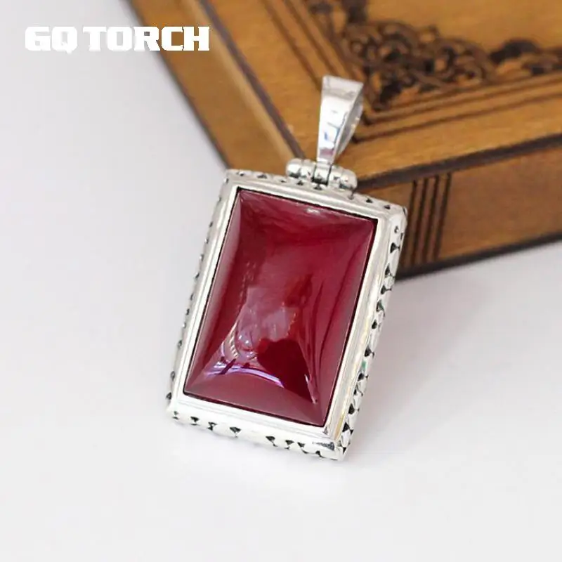 

GQTORCH 925 Sterling Silver Red Ruby Pendants For Women Natural Gemstone Hollow Flower Carving Vintage Ladies Fine Jewelry