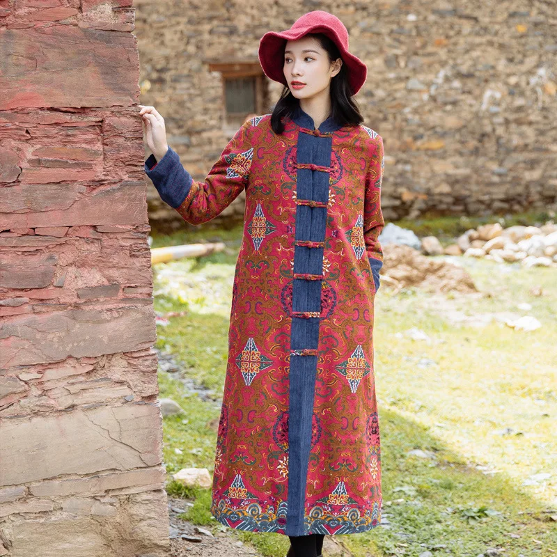 Autumn and winter Tibetan style women's clothing retro Chinese style Tang style coat Chinese style long loose windbreaker