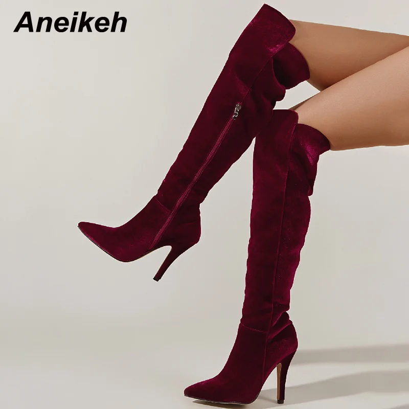 

Модные теплые женские сапоги Aneikeh из флока на высоком каблуке зимние элегантные женские сапоги пикантные с острым носком Короткие Плюшевые ...