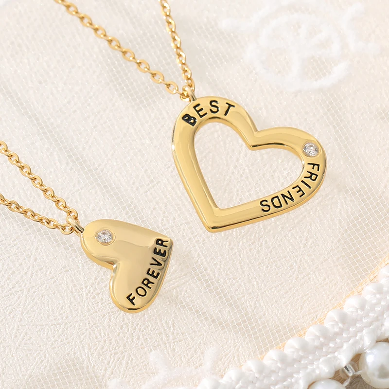 

Unisex 2 Pcs Couple Necklace Women Crystal Heart Pendant Best Friend Letter Necklace Fashion Necklaces Men Friendship Jewelry