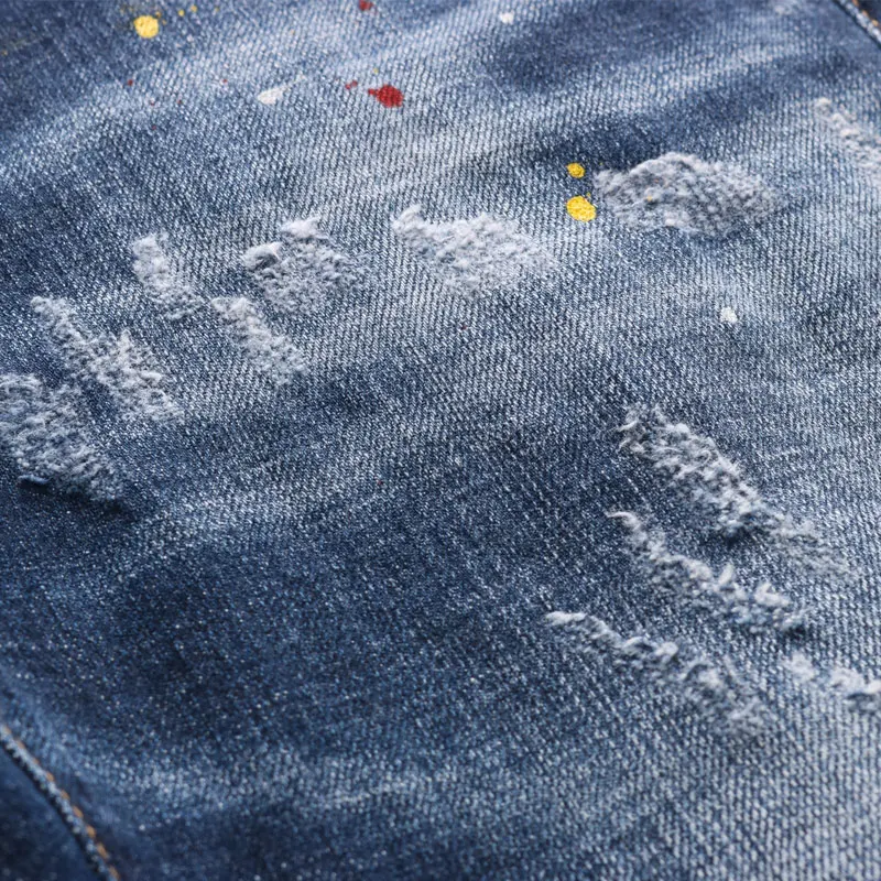 European Street Fashion Men Jeans High Quality Retro Blue Slim Fit Ripped Jeans Men Painted Designer Hip Hop Denim Punk Pants