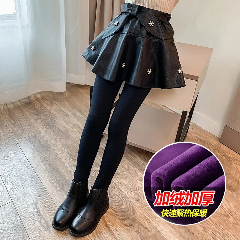 

Зимние Модные кожаные юбки с жемчугом для девочек-подростков, черные комбинированные брюки, детские плотные теплые леггинсы, детские барха...