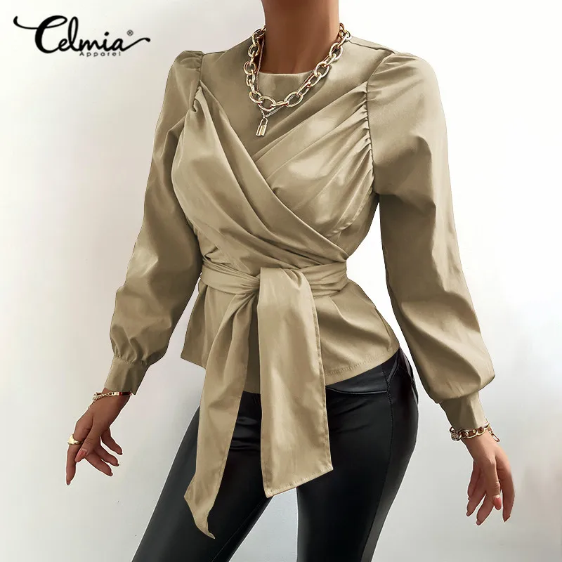 

Celmia Elegant Satin Blouses Women Sexy Belted Wrapped Shirt O-neck Slik Tops 2021 Spring Casual Puff Sleeve Work Blusas S-5XL