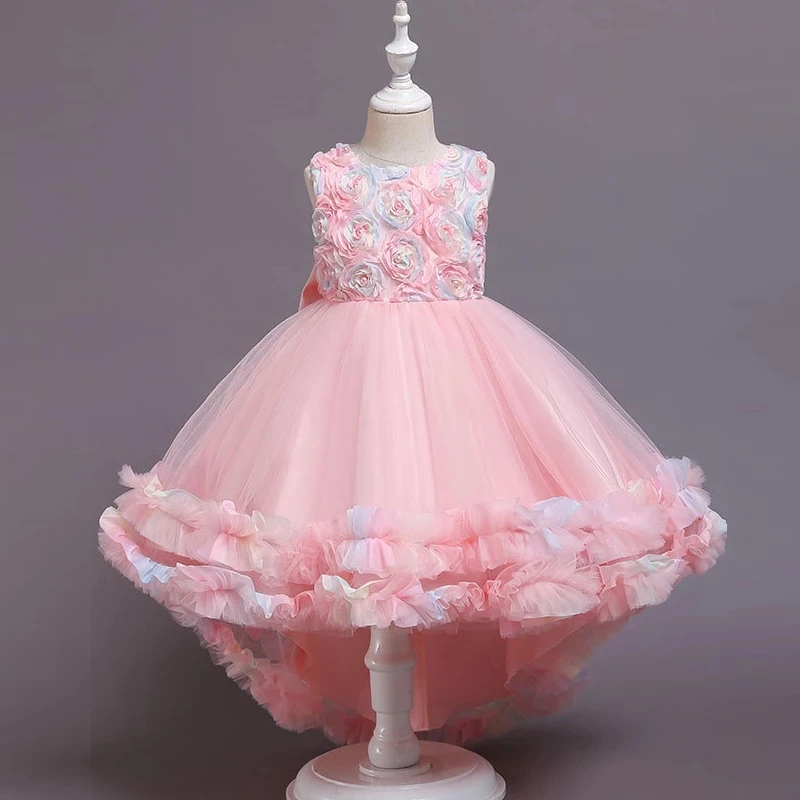 

Lace 3D flower Embroidery Formal Sleeveless Wedding Gown Tutu Princess Dress Children Clothing Kids Party For Girl Clothes