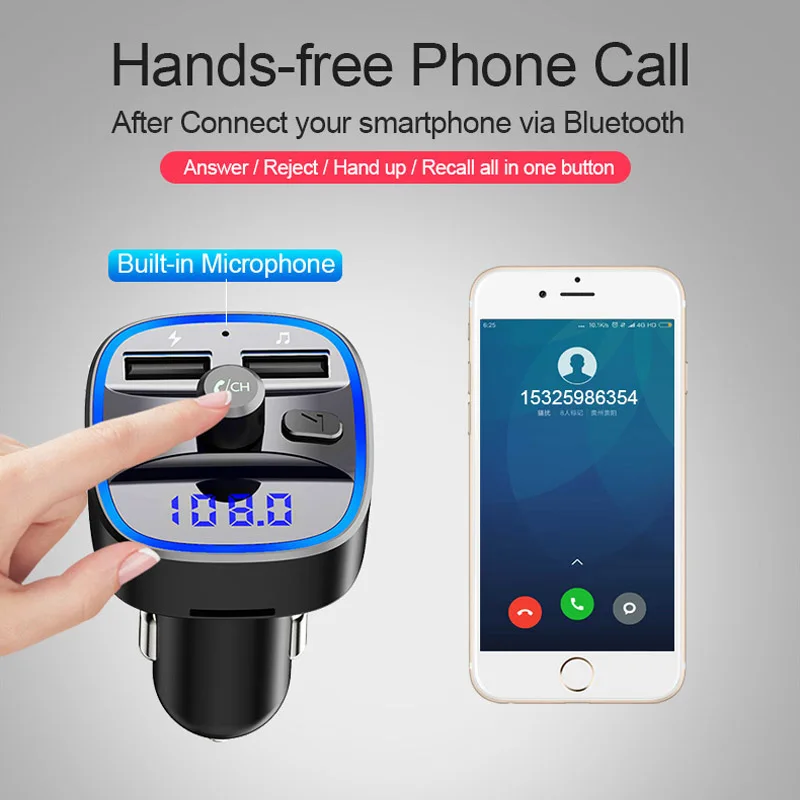 FM трансмиттер YASOKRO с Bluetooth 5 0 и двумя USB портами|Автомобильный комплект Bluetooth| |