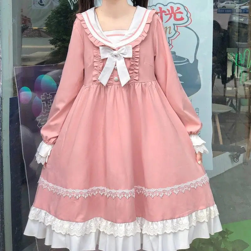 

Autumn/Winter Japanese Soft Sister Sweet Girl Lolita Dress Sailor Collar Bow Ruffle Kawaii Gentle Girl Preppy Style Maid Dress