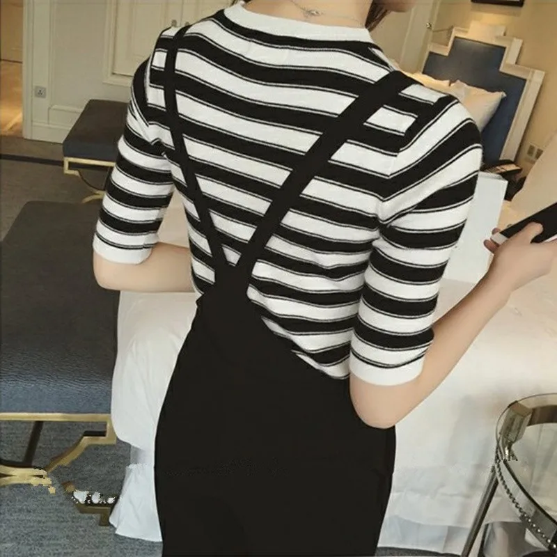 

Womens Black Ankle-Length Jumpsuits + Short Sleeve Loose Striped T-Shirts 2PCS Set