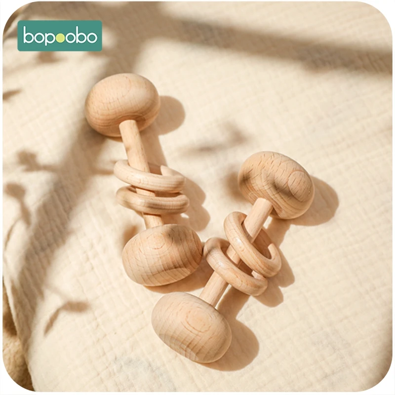 

Bopoobo 1Pc Baby Rattle Beech Wooden Teething Infant Chewable Rattles BPA Free Food Grade Infant Musical Play Gym Toy Gifts