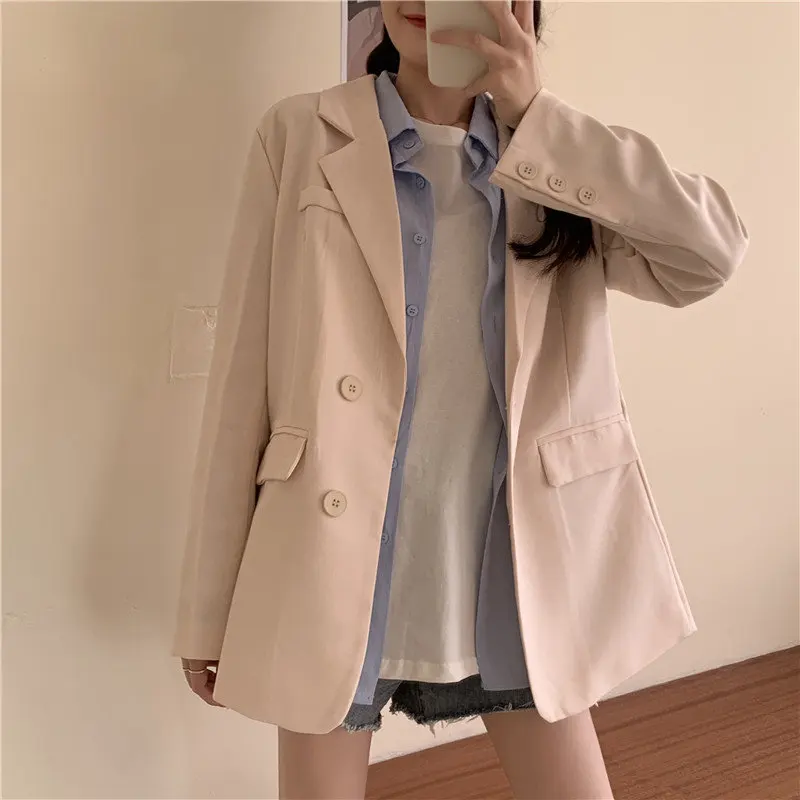 

HziriP Korean Slim Chic Elegance Women Office Lady Blazers Solid 2021 All Match Loose High Quality Streetwear New Hot Blazers
