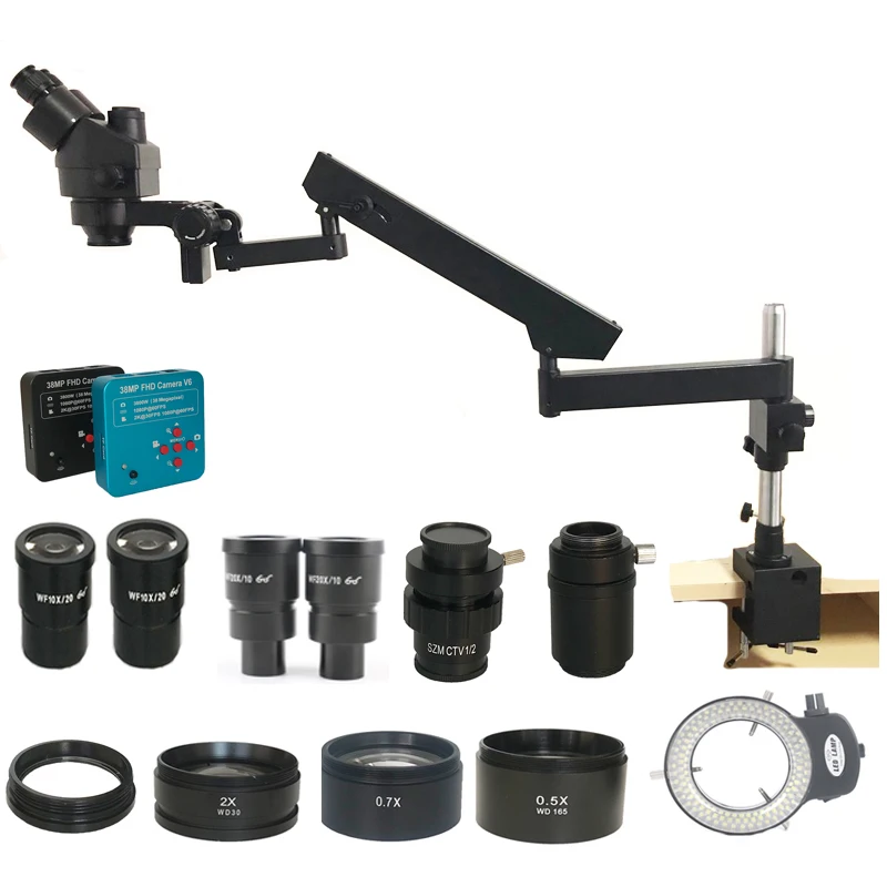 Microscopio estéreo Trinocular con abrazadera de brazo articulado, lente Focal, 38MP, HDMI, 3,5x-180X