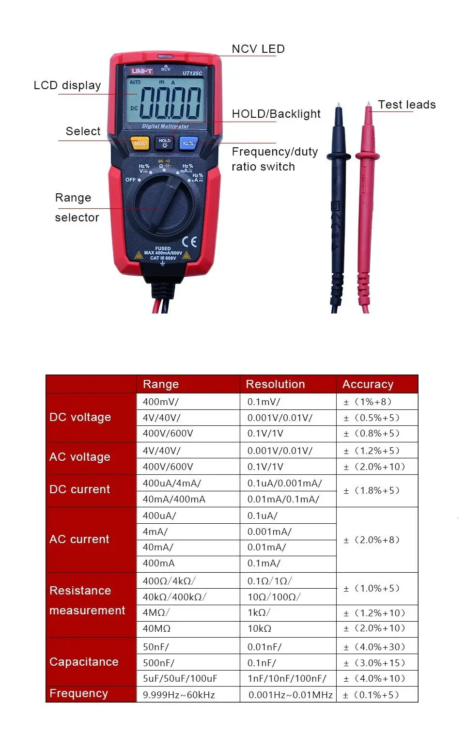 UNI-T UT125C цифровой мультиметр AC DC Напряжение измеритель тока Сопротивление Емкость Частота тестер NCV диод тест непрерывность