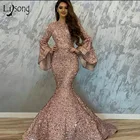 Милое розовое расшитое блестками платье русалки для выпускного вечера с расклешенными широкими рукавами Элегантное Длинное платье для выпускного вечера 2019 Vestidos